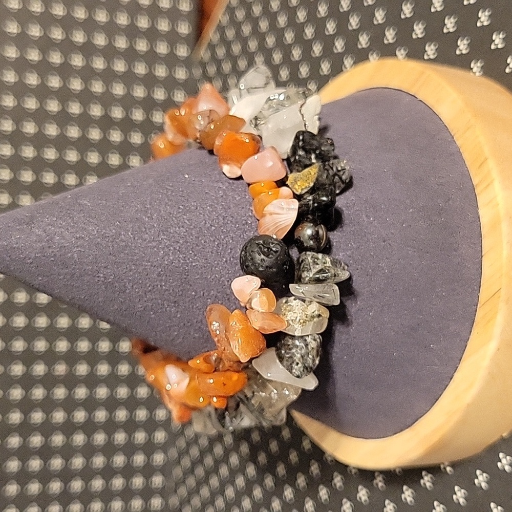 Tourmalated Quartz & Red Agate w Lava stone chipped gemstone stretch bracelets